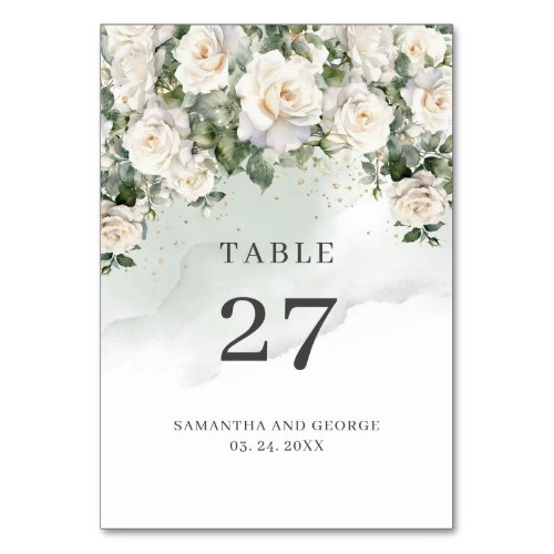 Boho White Roses Floral Garden greenery and gold Table Number