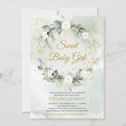  Boho white roses floral wreath greenery gold Baby Invitation