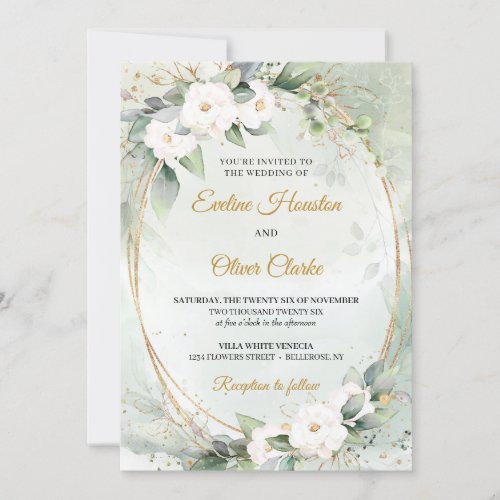 Boho White roses green eucalyptus faux gold oval Invitation