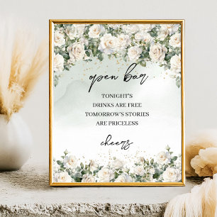 Boho White Roses Greenery and Gold Open bar sign