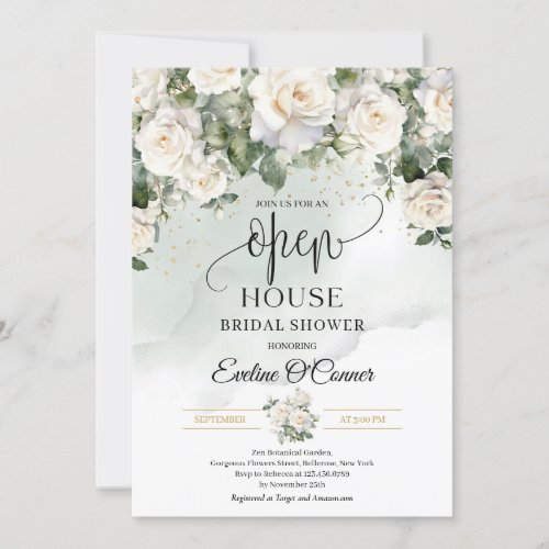 Boho White Roses Greenery and Gold Open House Invitation