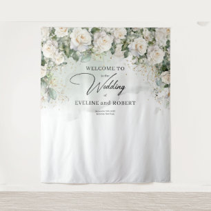 Boho White Roses Greenery and Gold wedding Tapestry