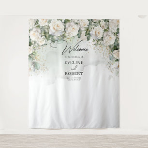 Boho White Roses Greenery and Gold wedding Tapestry