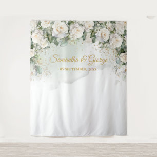 Boho White Roses Greenery and Gold wedding Tapestry