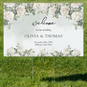 Boho White Roses Greenery and Gold wedding welcome Sign
