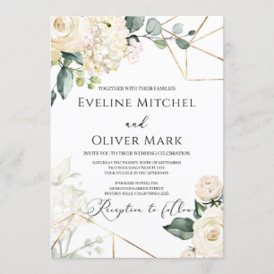 Boho white roses greenery eucalyptus gold wedding invitation