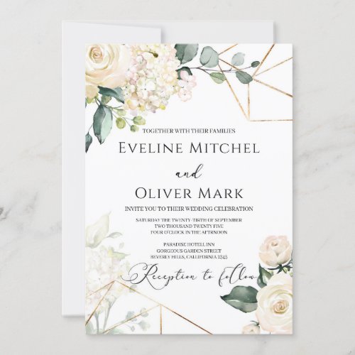 Boho white roses greenery eucalyptus gold wedding invitation