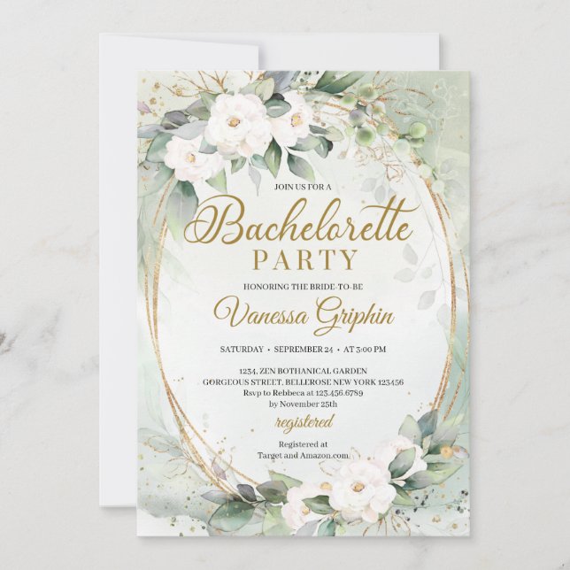 Boho White roses greenery gold oval Bachelorette Invitation (Front)