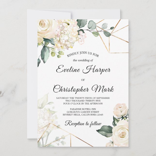 Boho white roses hydrangeas gold frame wedding invitation (Front)