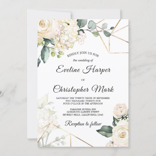 Boho white roses hydrangeas gold frame wedding invitation