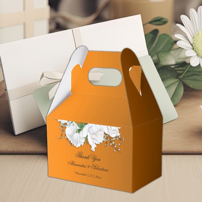 Boho White Roses on Orange Wedding  Favor Boxes (Creator Uploaded)
