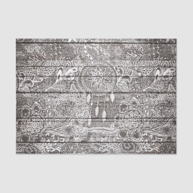 Boho white rustic dreamcatcher floral doodles wood tissue paper (Front)