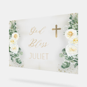 Boho WhiteRose Floral Eucalyptus Baptism God Bless Acrylic Sign
