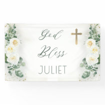 Boho WhiteRose Floral Eucalyptus Baptism God Bless Banner