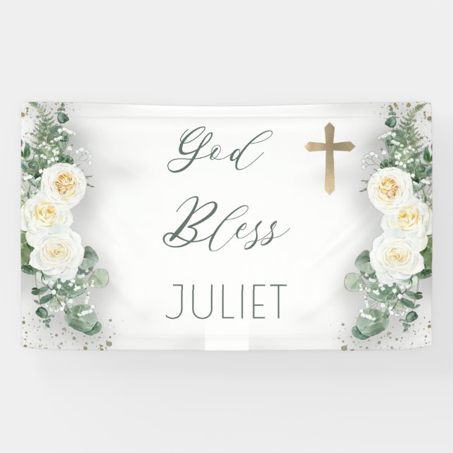 Boho WhiteRose Floral Eucalyptus Baptism God Bless Banner (Horizontal)