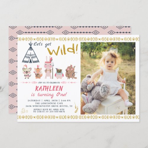 Boho Wild Animals Pink Gold Girl Birthday Photo Invitation