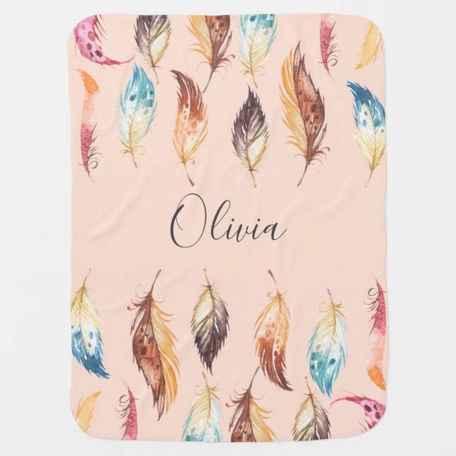 Boho Wild Feathers Custom Name Baby Blanket (Front)