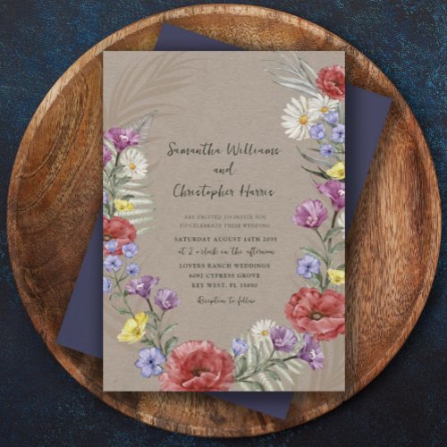 Boho Wild Flower Kraft  Purple Wedding  Invitation