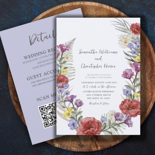 Boho Wild Flower Wreath All_In_One Wedding  Invitation