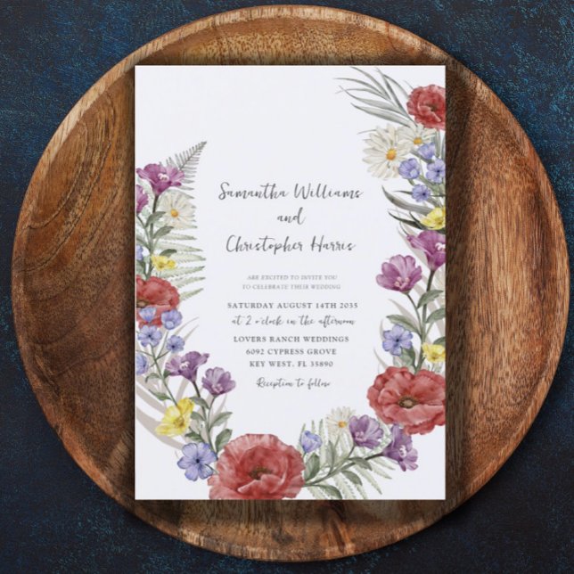 Boho Wild Flower Wreath Watercolor Wedding Invitation (Creator Uploaded)