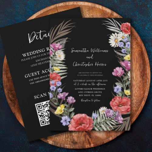 Boho  Wild Flowers Black All In One Wedding Invitation