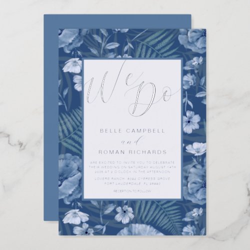 Boho Wild Flowers Blue  Silver Script Wedding  Foil Invitation