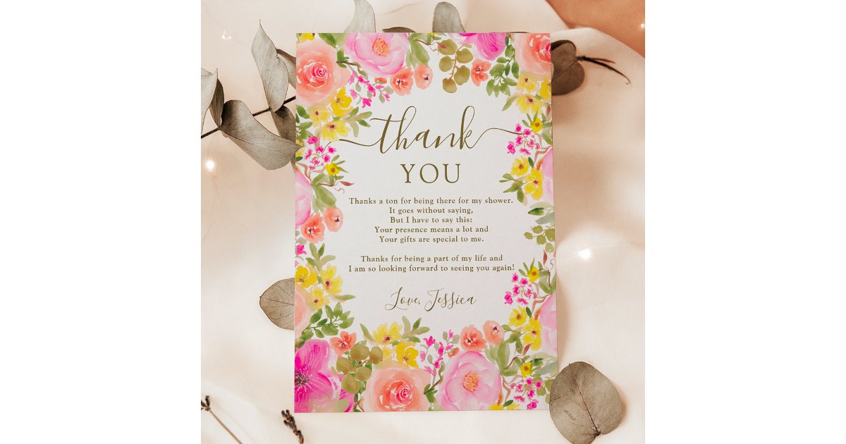 Boho wild flowers garden pink bridal shower thank you card | Zazzle