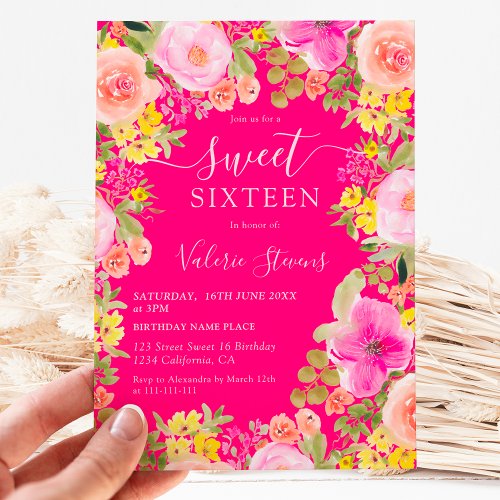 Boho wild flowers garden watercolor Sweet 16 pink Invitation