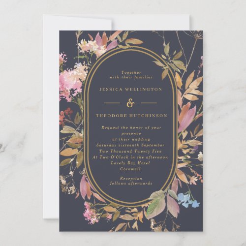 Boho Wild Flowers Mauve  Navy Gold Frame Wedding Invitation