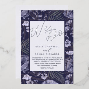 Boho Wild Flowers Purple & Silver Script Wedding Foil Invitation