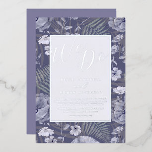 Boho Wild Flowers Purple & Silver Script Wedding Foil Invitation