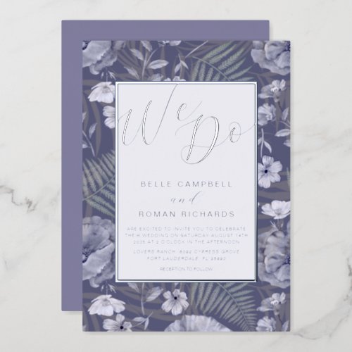 Boho Wild Flowers Purple  Silver Script Wedding  Foil Invitation