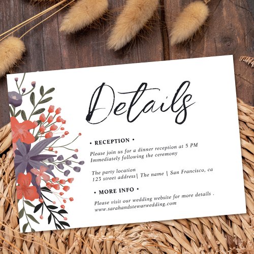 Boho wild flowers script details wedding invitation