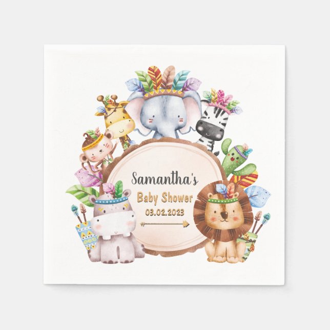 Boho Wild Giraffe Zebra Elephant Baby Shower Napkins (Front)