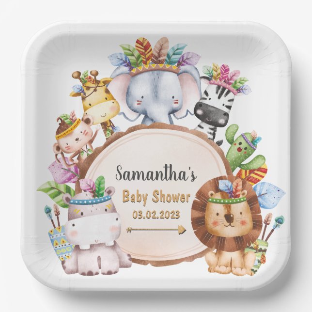 Boho Wild Giraffe Zebra Elephant Baby Shower Paper Plates (Front)