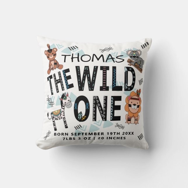Boho Wild One Birth Stats Throw Pillow (Front)