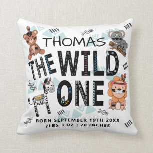 Boho Wild One Birth Stats Throw Pillow