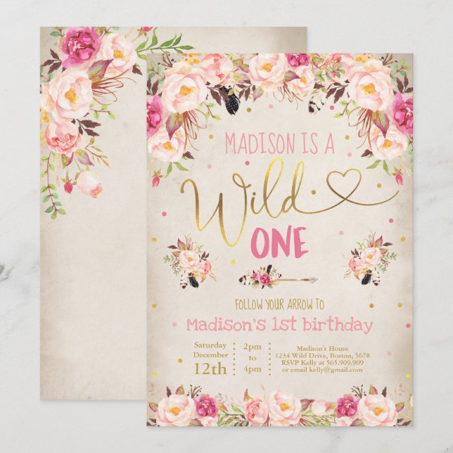 Boho Wild One Birthday Invitation Watercolor Boho (Front/Back)