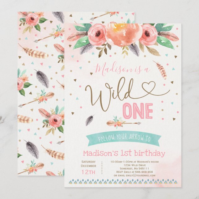Boho Wild One Birthday Invitation Watercolor Boho (Front/Back)