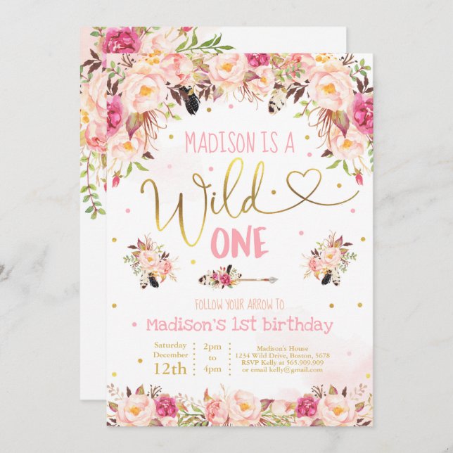Boho Wild One Birthday Invitation Watercolor Boho (Front/Back)