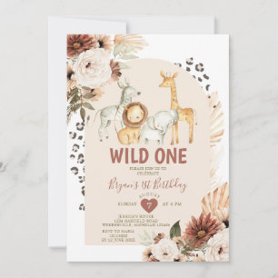 Boho Wild ONE Birthday Safari Animals Pampas Grass Invitation