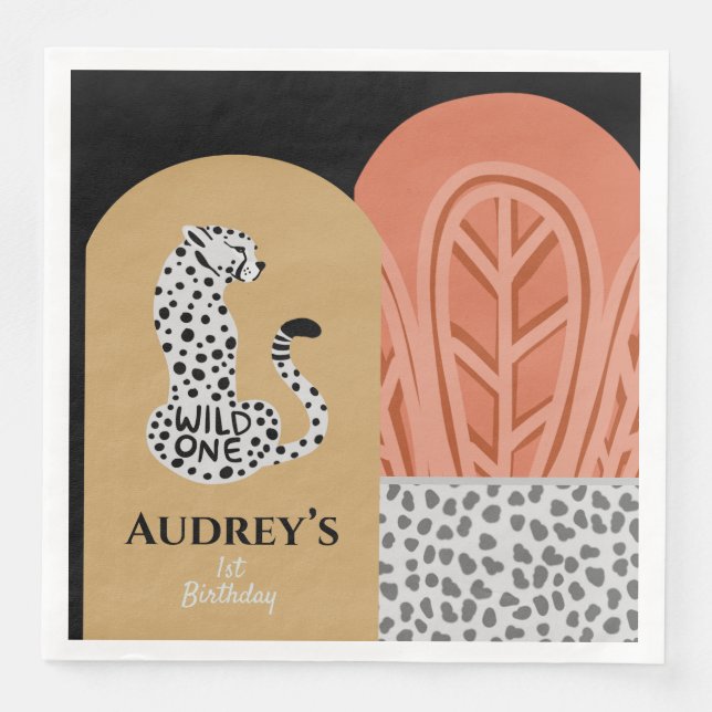 Boho Wild One Girls First Birthday Leopard  Paper Dinner Napkins (Front)