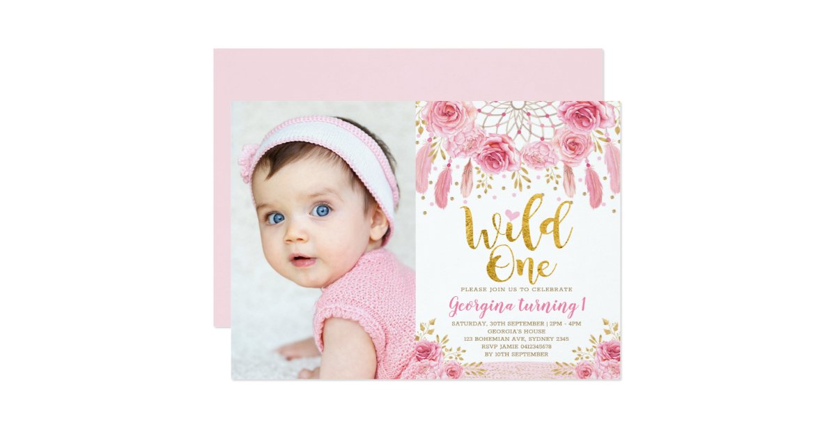 Boho Wild One Pink Rose Floral Dreamcatcher Invitation Zazzle Com