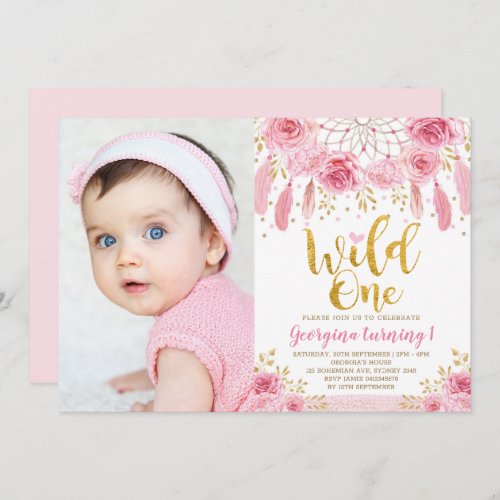 Boho Wild One Pink Rose Floral Dreamcatcher Invitation