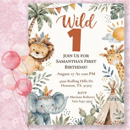 Boho Wild One Safari Birthday Party Invitation