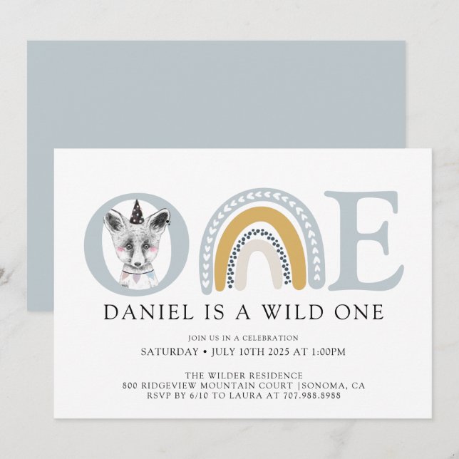 Boho Wild One Watercolor Fox Boy's First Birthday  Invitation (Front/Back)