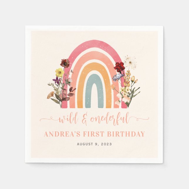 Boho Wild & Onederful Flower Rainbow 1st Birthday Napkins (Front)