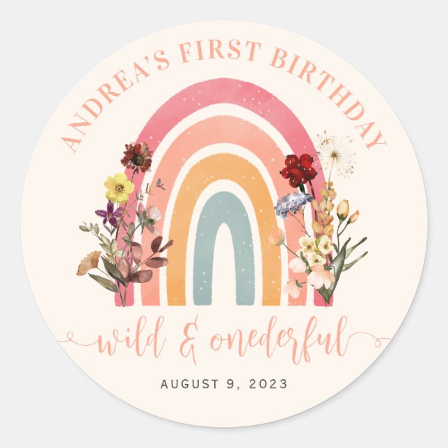 Boho Wild & Onederful Wildflower Rainbow Birthday Classic Round Sticker (Front)