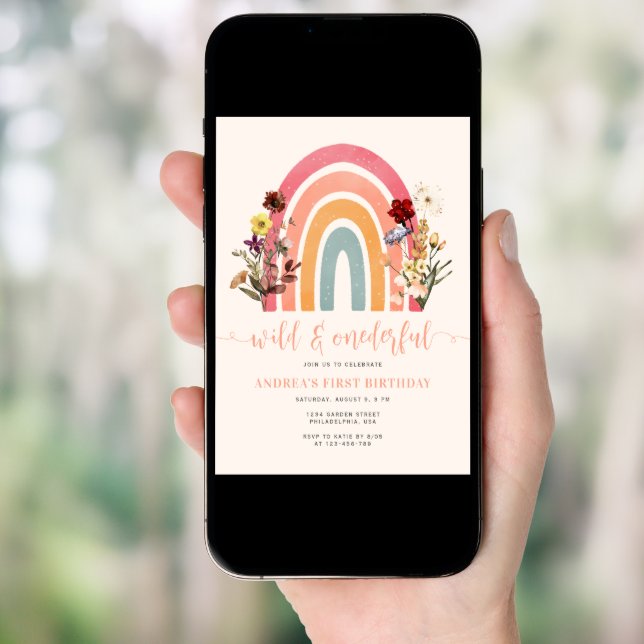 Boho Wild & Onederful Wildflower Rainbow Birthday Invitation (Front Digital)