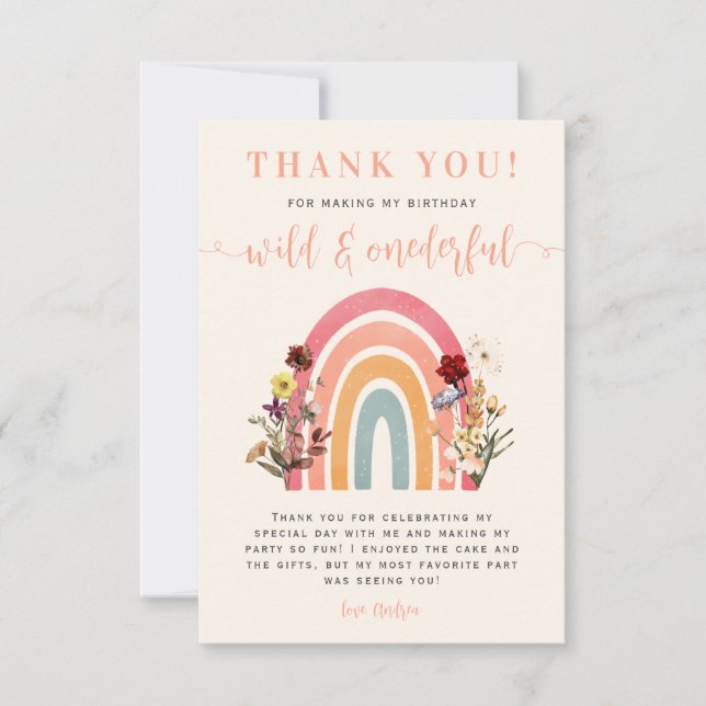 Boho Wild & Onederful Wildflower Rainbow Birthday Thank You Card (Front)
